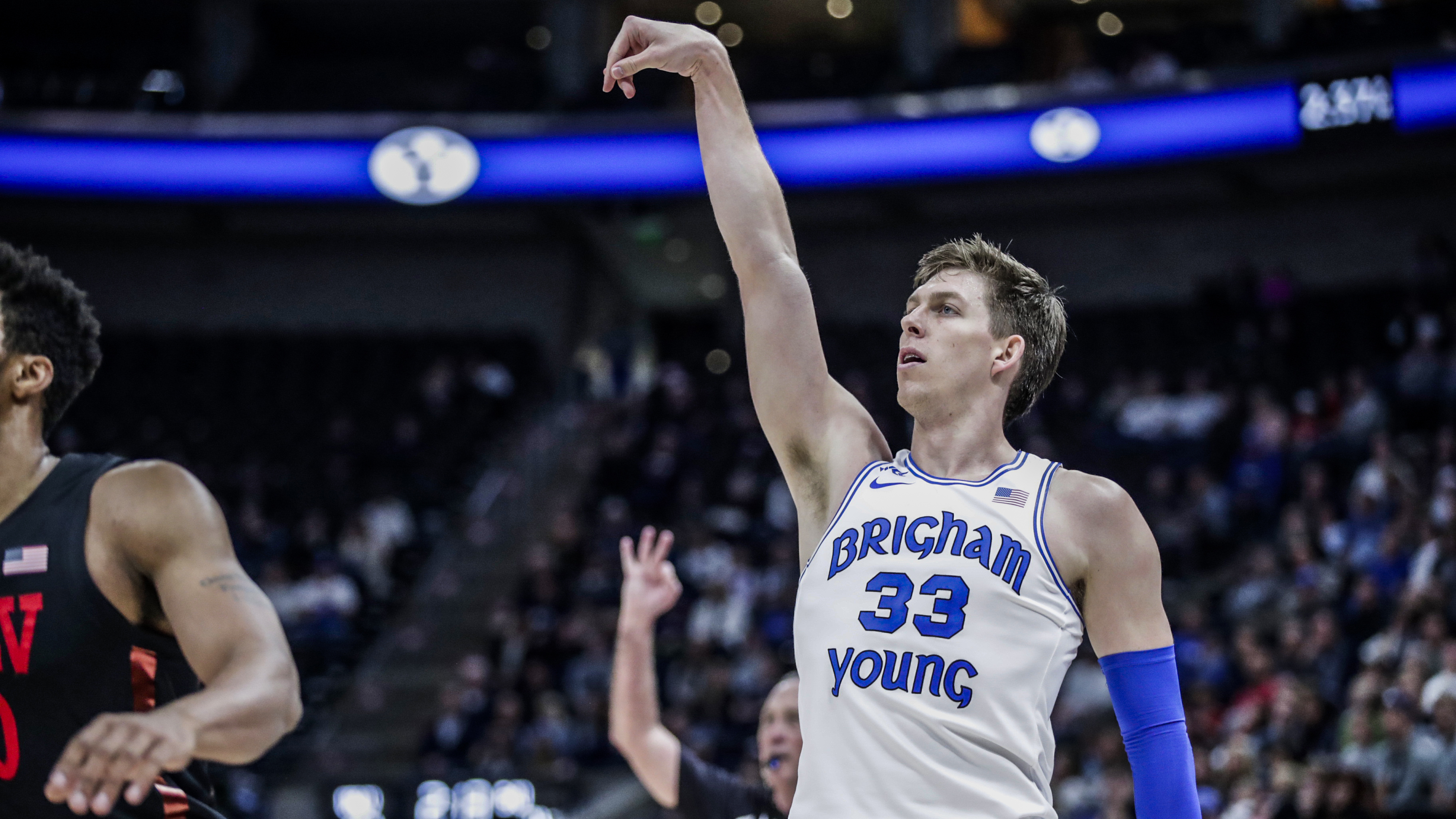 BYU's Dalton Nixon celebrates a 3-pointer against UNLV