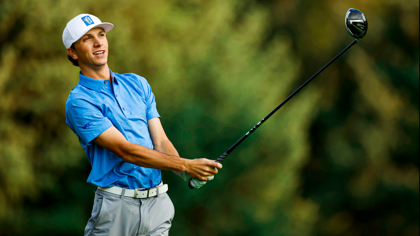 BYU men's golfer Cole Ponich hits a shot at Riverside Country Club.