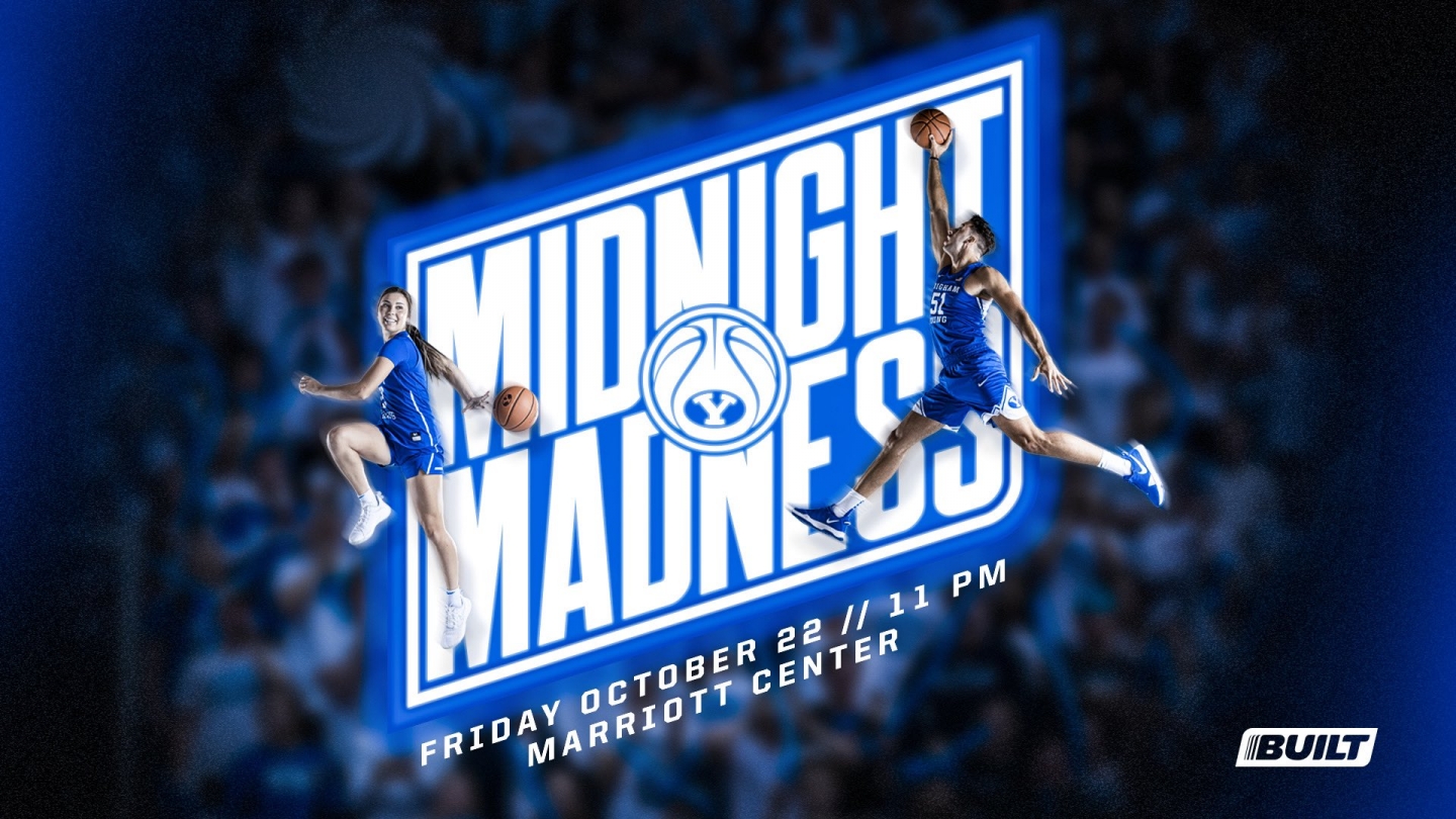 BYU basketball midnight madness graphic with Shaylee Gonzalez and Gavin Baxter