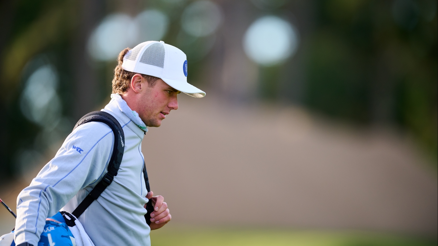 BYU men's golfer David Timmins walks to his ball at the Saint Mary's Invitational at Poppy Hills Golf Course in Pebble Beach, California.