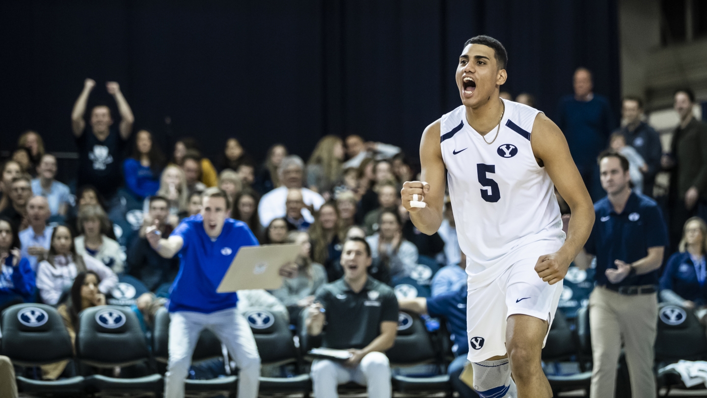 Gabi Garcia Fernandez celebrates an ace for BYU men's volleyball