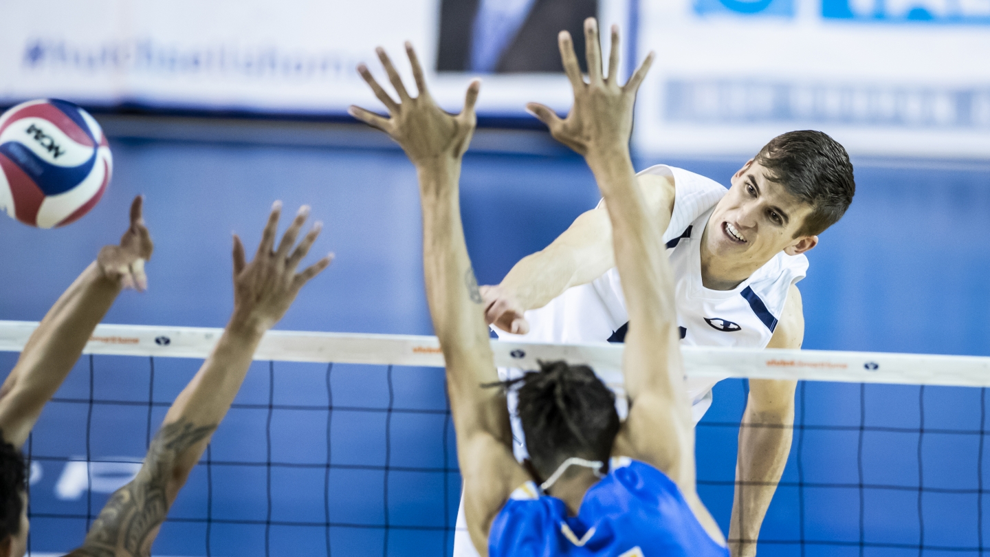 BYU men's volleyball player Zach Eschenberg on the attack against UCLA