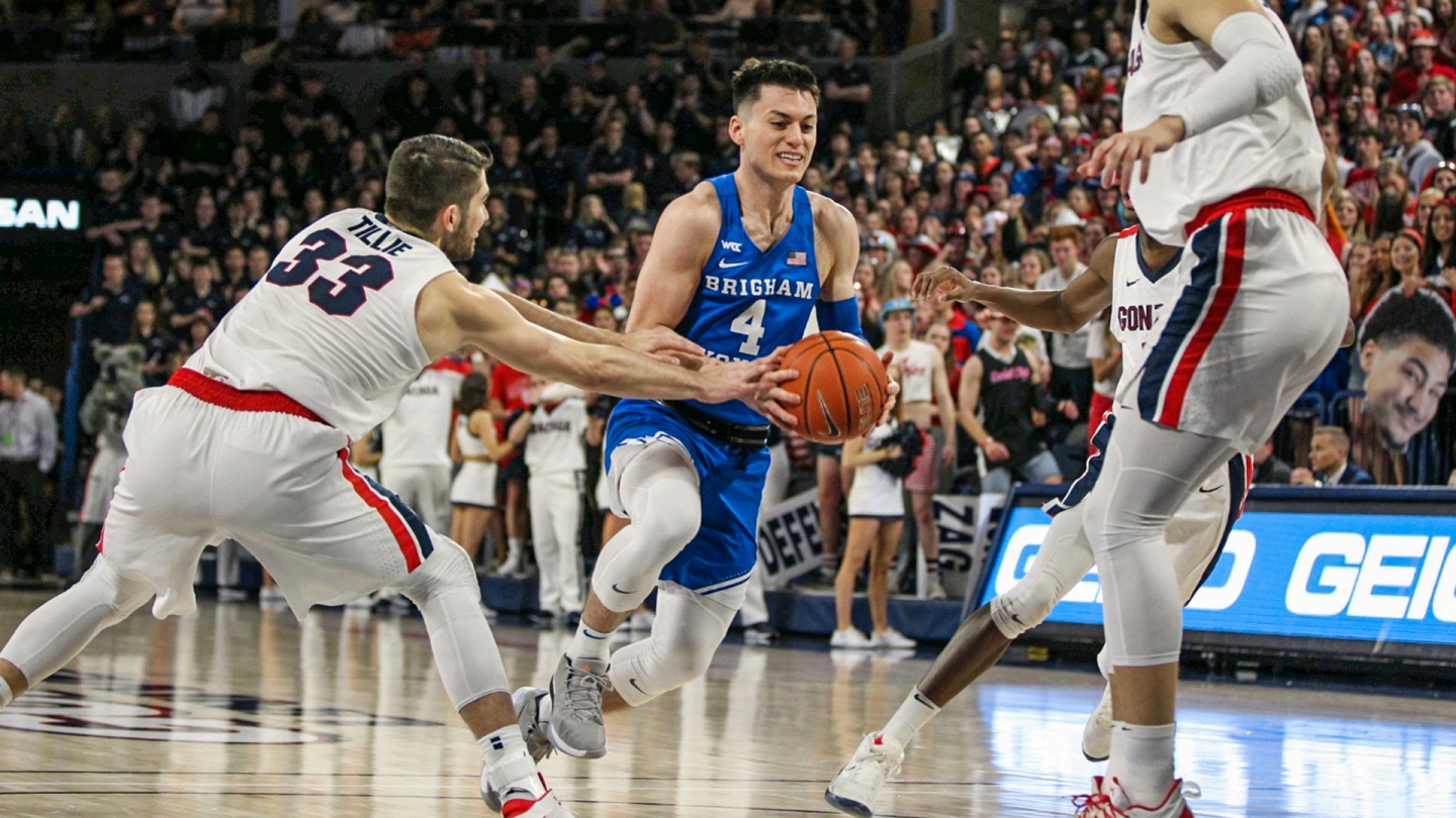 Alex Barcello drives between two Gonzaga players in Spokane.