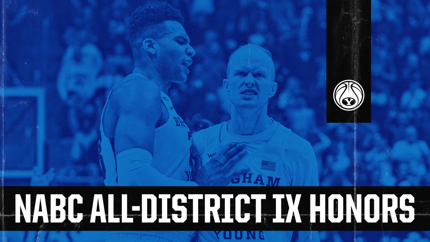 Photo of Yoeli Childs and TJ Haws in a graphic overlay with the text 'NABC All-District IX Honors'