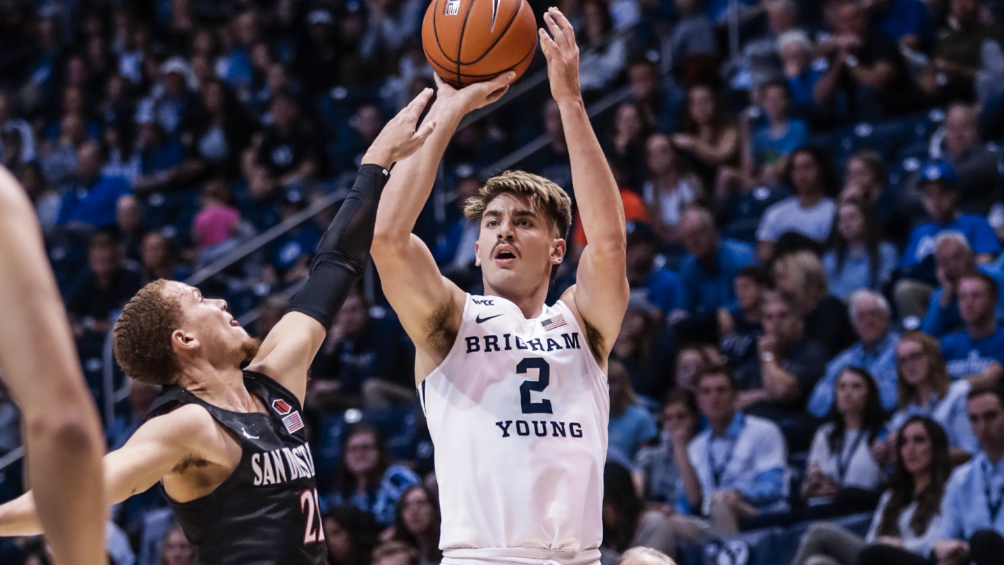 Zac Seljaas shoots a 3-pointer vs. San Diego State.