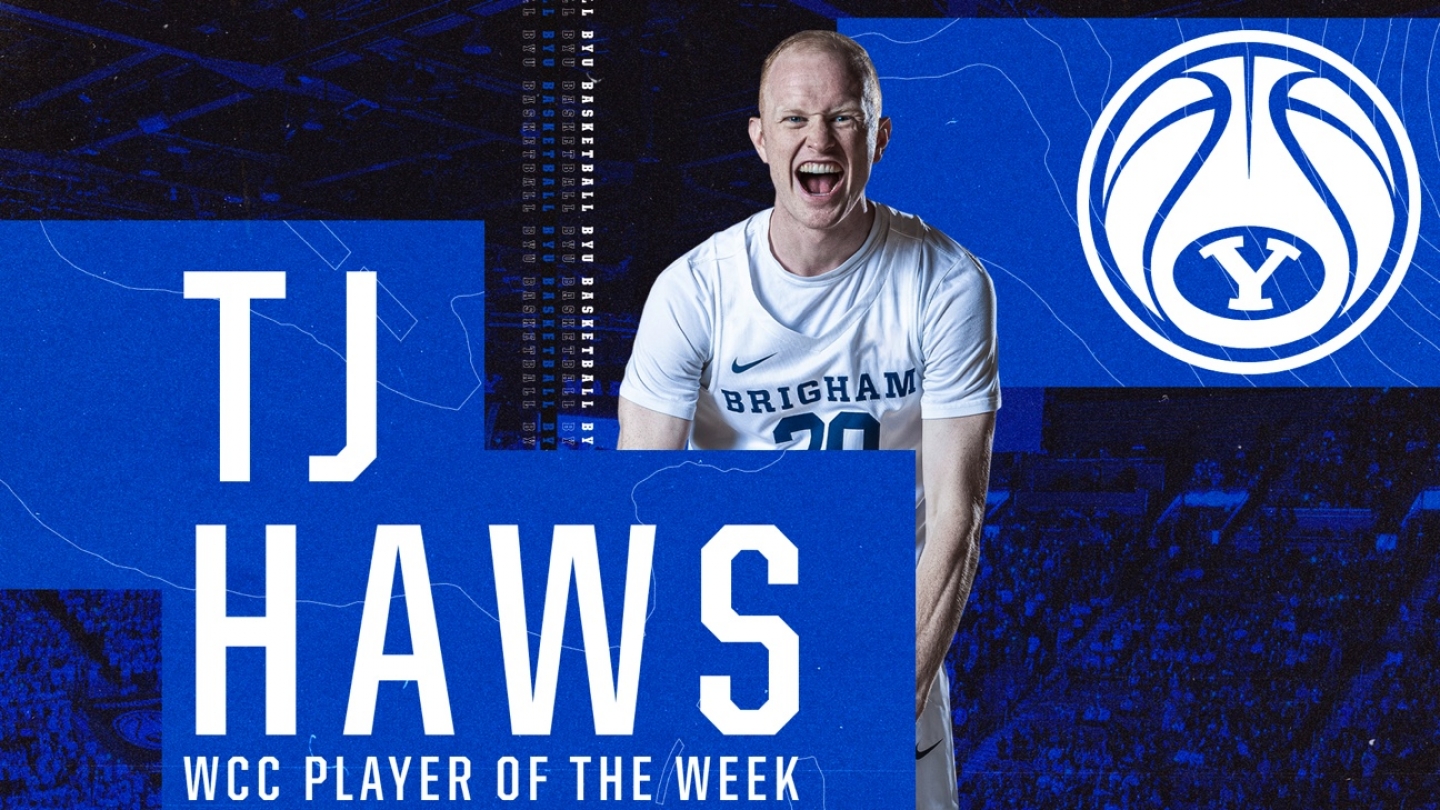 Graphic this includes a photo of TJ Haws celebrating and the words TJ Haws WCC Player of the Week,