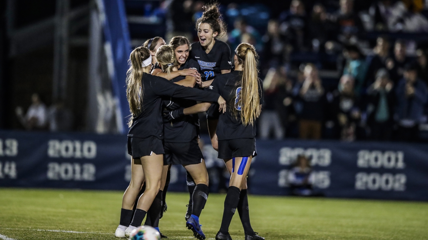 BYU women's soccer celebrated a goal together