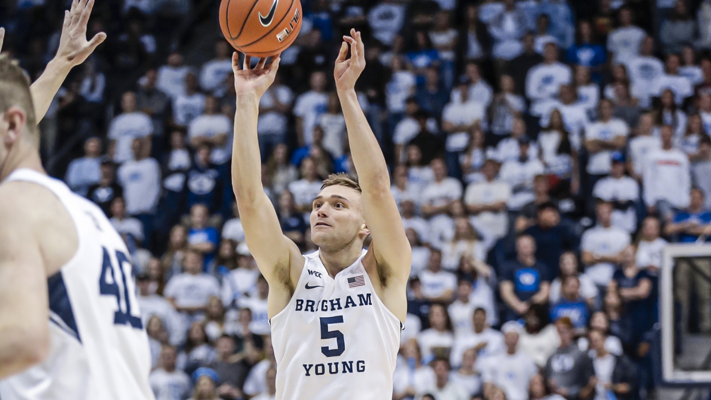 Jake Toolson shoots a 3-pointer against Southern Utah.