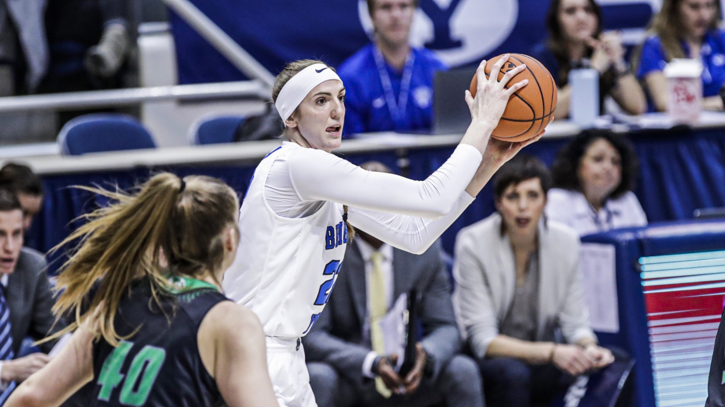 BYU women's basketball player Sara Hamson looks to pass the ball against Utah Valley