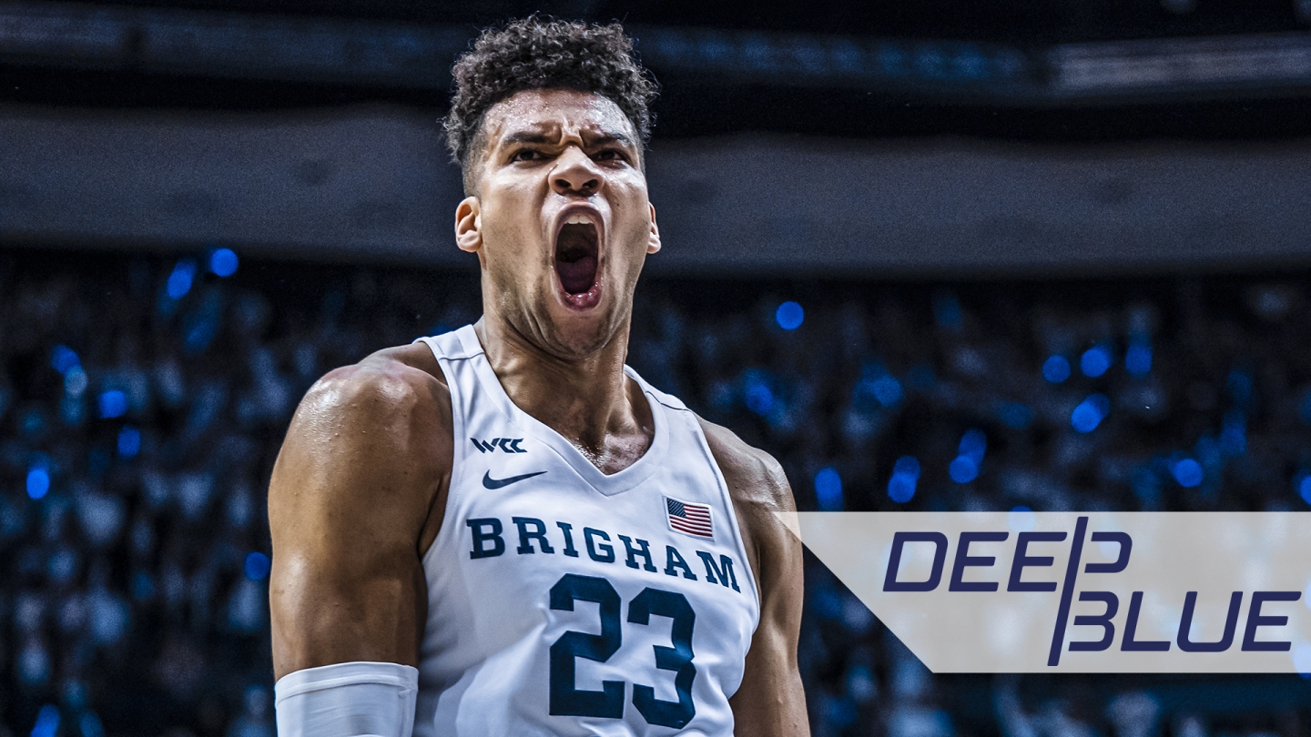 Photo of Yoeli Childs yelling with a graphic overlay of the Deep Blue logo.